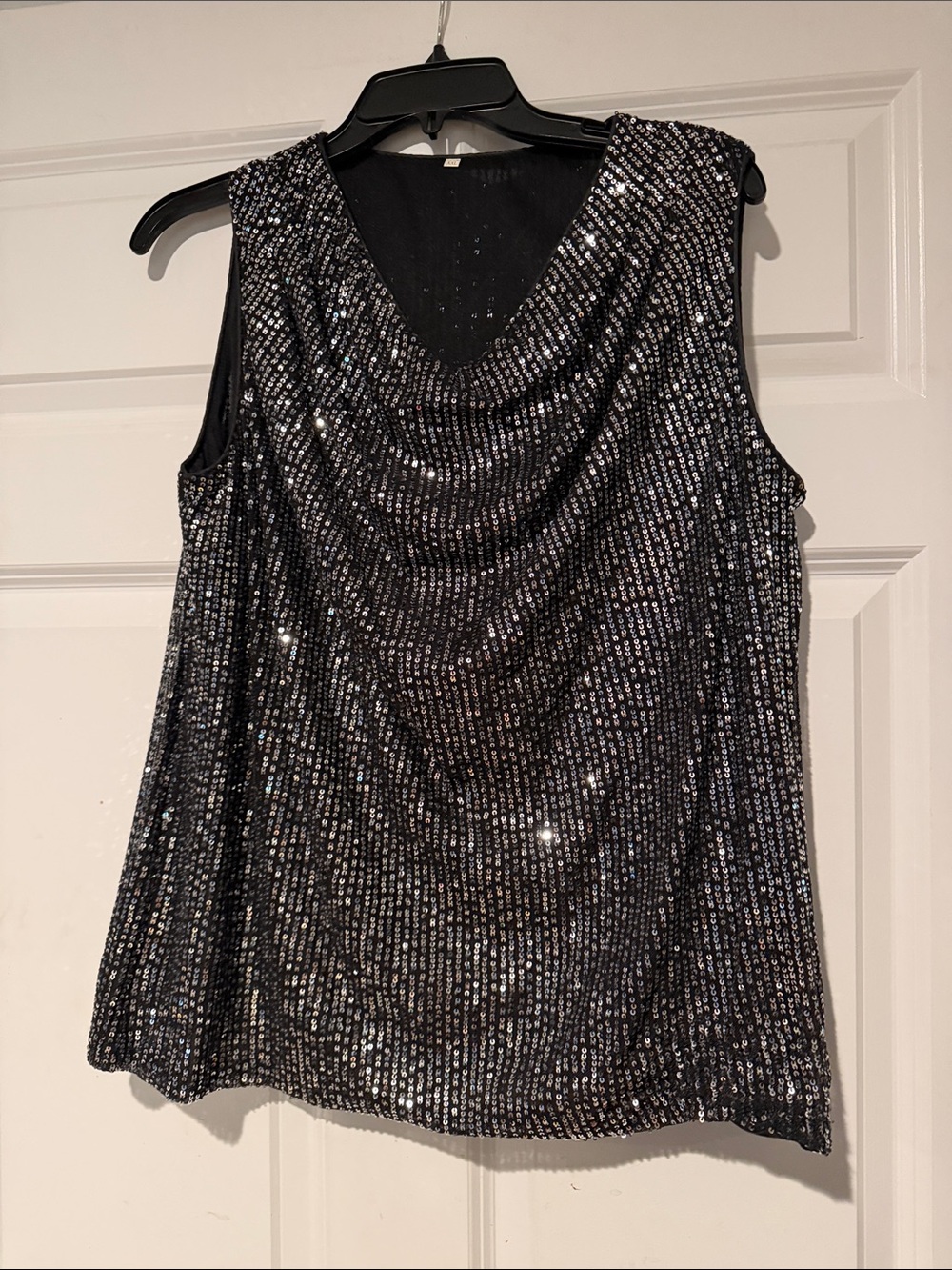 Source Unknown Black Silver Sequin Cowl Neck Tank